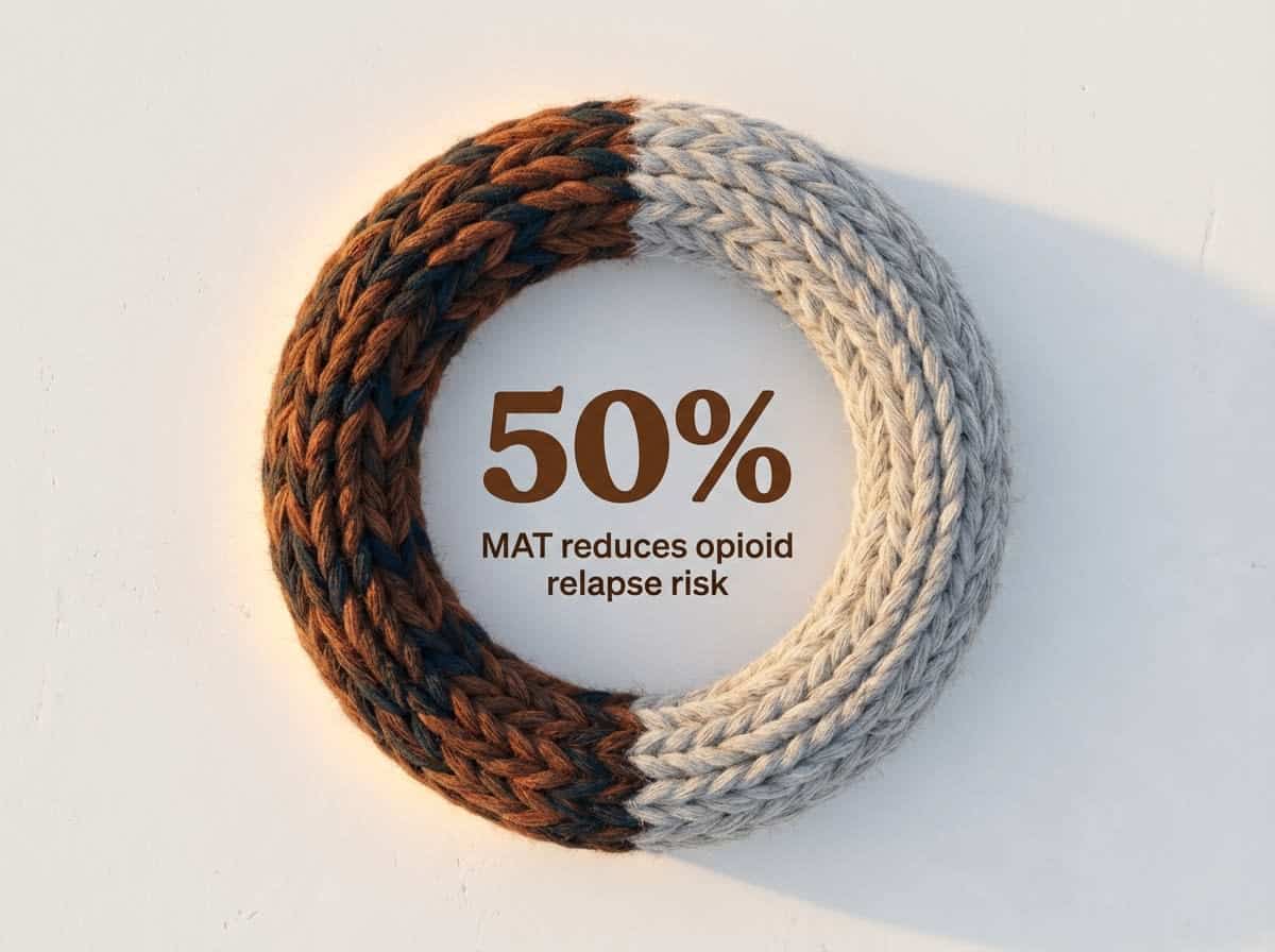 Infographic showing Relapse Risk Reduction with Medication-Assisted Treatment (MAT) for Opioids: 50%