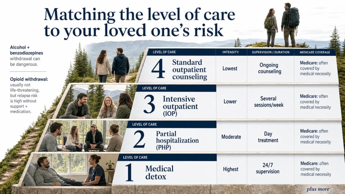 Render the four-level care comparison table from this section as a visual ladder so parents can quickly see intensity, duration, and Medicare coverage
