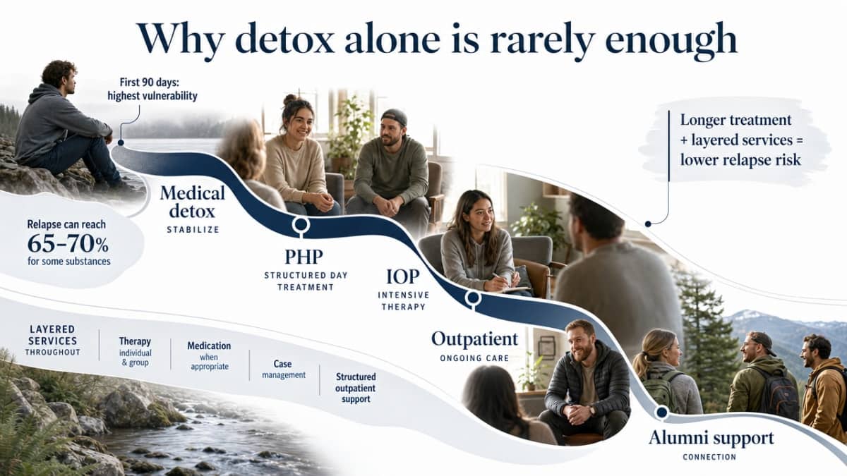 Visualize the cited continuum-of-care steps described in this section (medical detox → PHP → IOP → outpatient → alumni support), reinforcing why layered care lowers relapse risk per the DATOS findings
