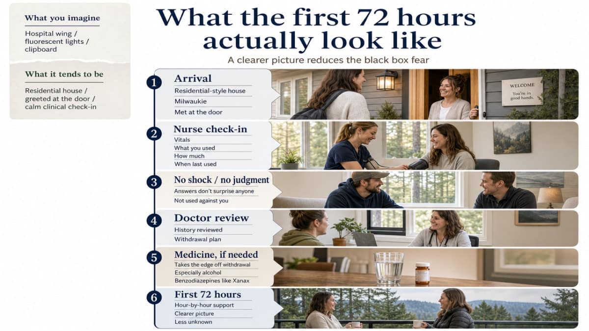 Translate the section's hour-by-hour narrative of the detox experience into a clear visual timeline so readers can picture the unknown, reducing the 'black box' fear named in the section