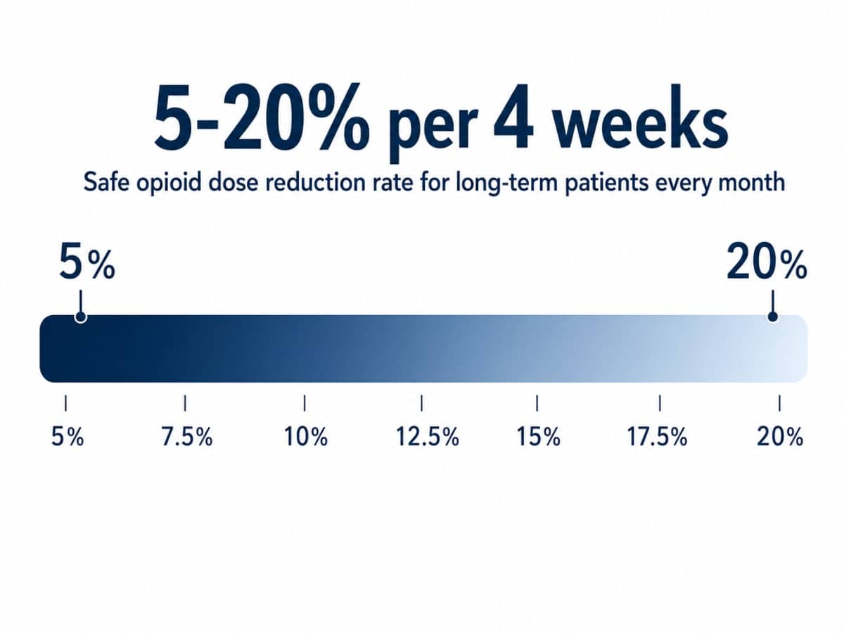 Infographic showing Safe opioid dose reduction rate for long-term patients every month: 5-20% per 4 weeks