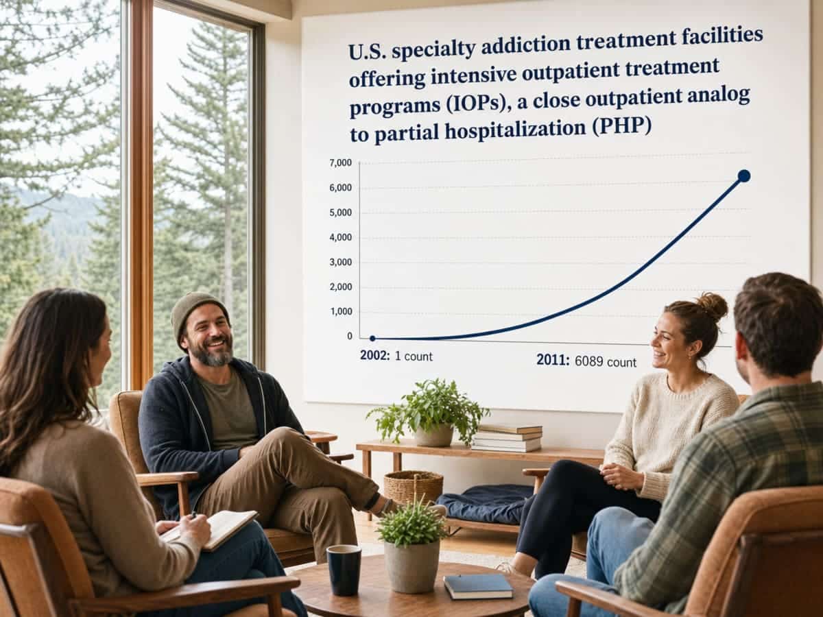 Chart showing U.S. specialty addiction treatment facilities offering intensive outpatient treatment programs (IOPs), a close outpatient analog to partial hospitalization (PHP)
