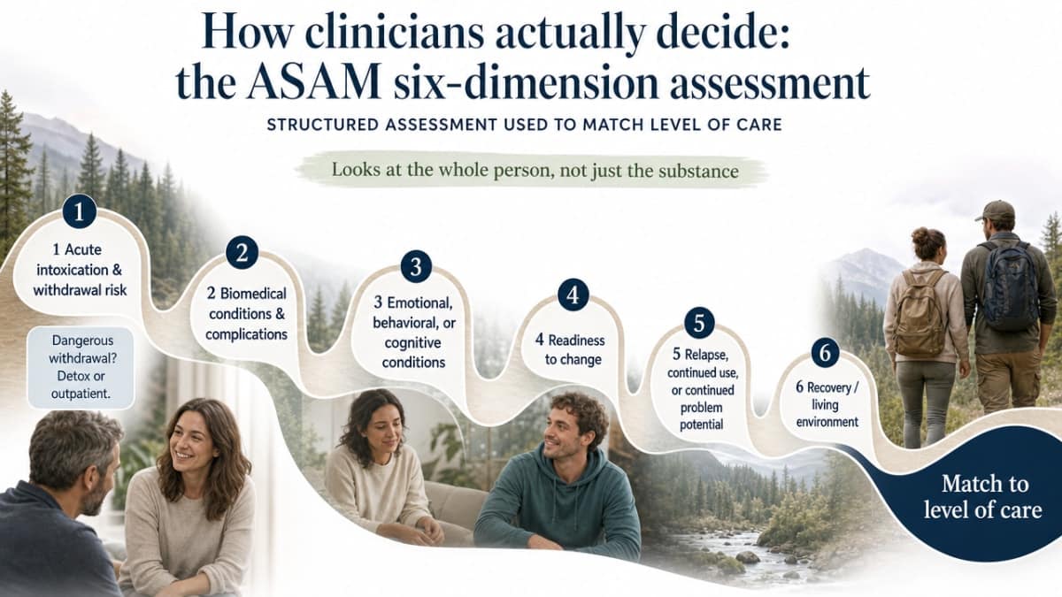 Visualize the six ASAM assessment dimensions that clinicians use to match patients to a level of care, directly supporting the section's framework explanation
