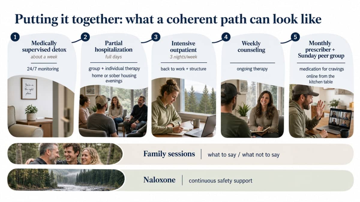 Visualize the continuum-of-care journey described in the section, showing step-down from detox through long-term recovery support