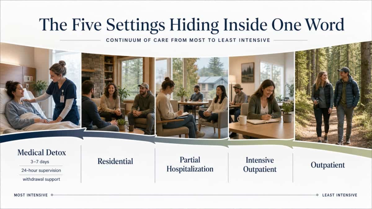 Visualize the continuum of care described in this section, showing the five distinct settings hiding inside the umbrella term 'treatment center' from most to least intensive
