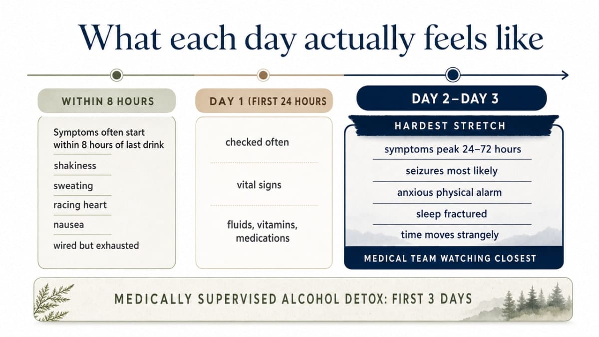 Process infographic visualizing the day-by-day alcohol detox journey described in this section, with timing milestones that match the prose