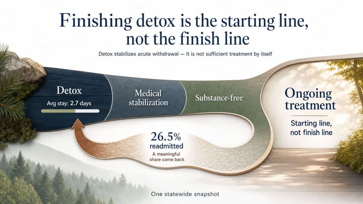 Stat infographic highlighting the 2.7-day average length of stay and 26.5% readmission rate cited in this section, reinforcing why detox alone is insufficient