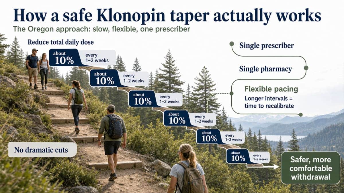 Visualize the Oregon Health Authority taper approach described in this section: gradual reduction, single prescriber/pharmacy, and flexible pacing