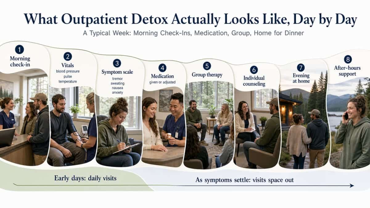 Visualize the daily workflow described in the section: morning check-in, medication, group therapy, individual counseling, evening at home, with after-hours support
