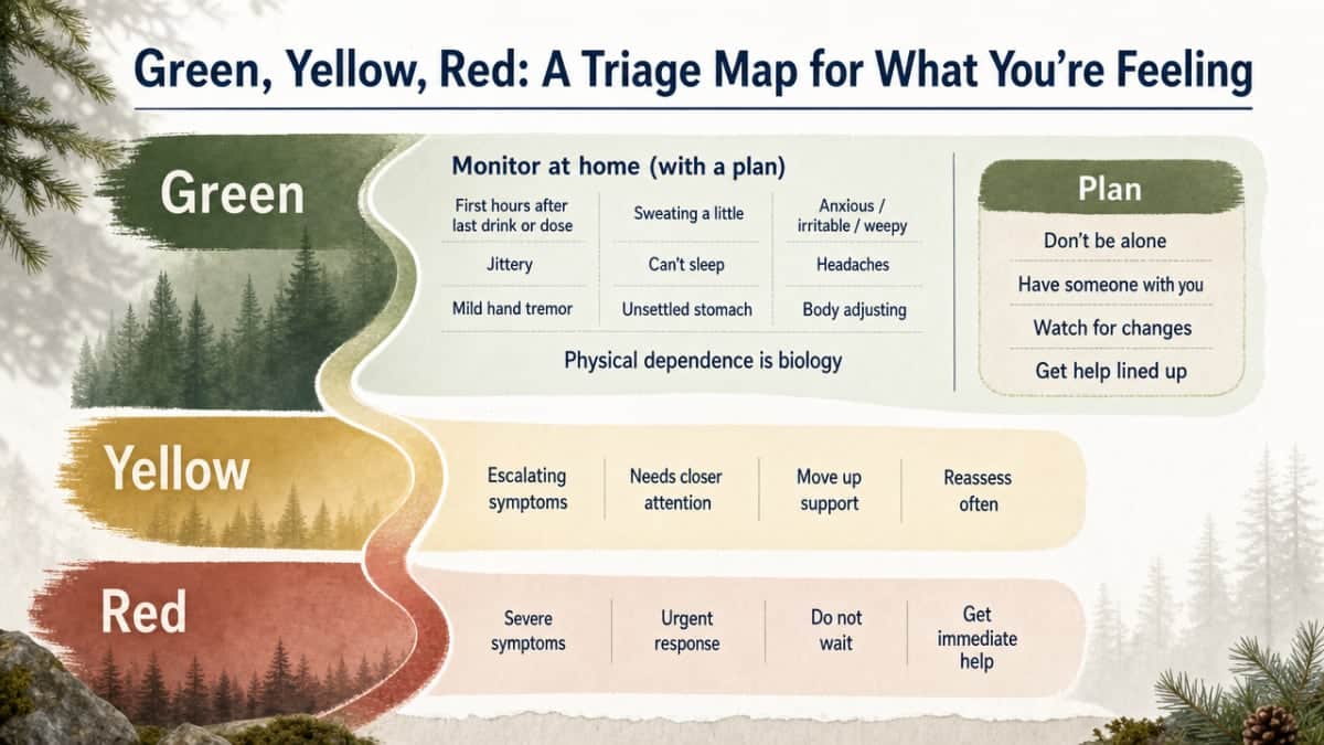 Visualize the three-tier triage system (green/yellow/red) that organizes the entire section, showing what to do at each severity level
