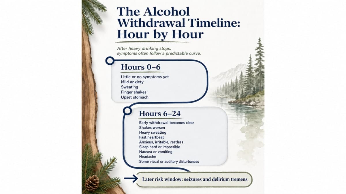 Show the cited hour-by-hour progression of alcohol withdrawal symptoms with risk windows for seizures and delirium tremens