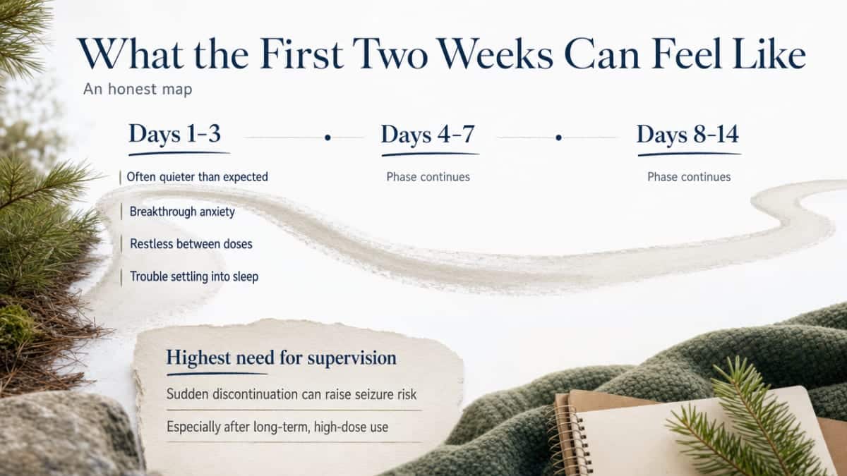 Process infographic visualizing the three time-based phases (Days 1-3, 4-7, 8-14) of withdrawal experience described in this section