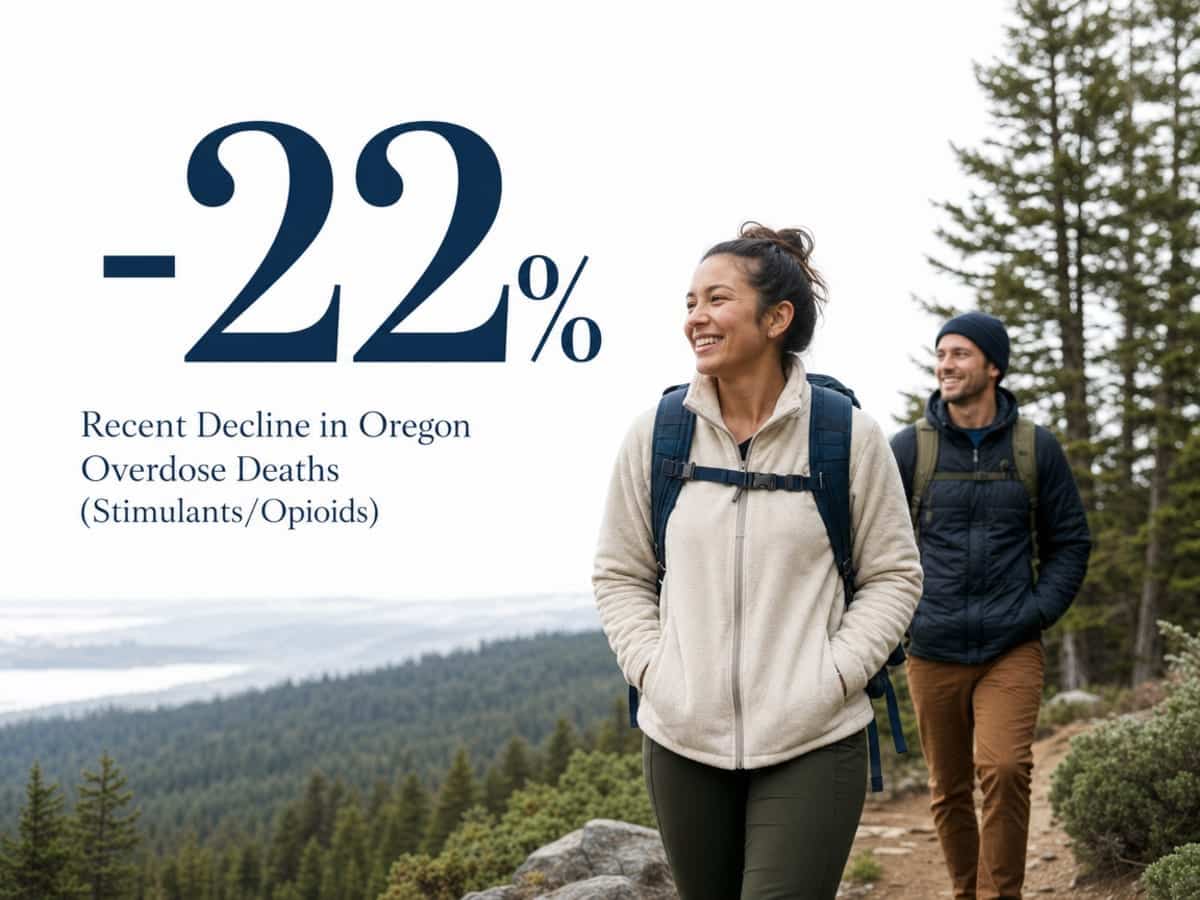 Infographic showing Recent Decline in Oregon Overdose Deaths (Stimulants/Opioids)
