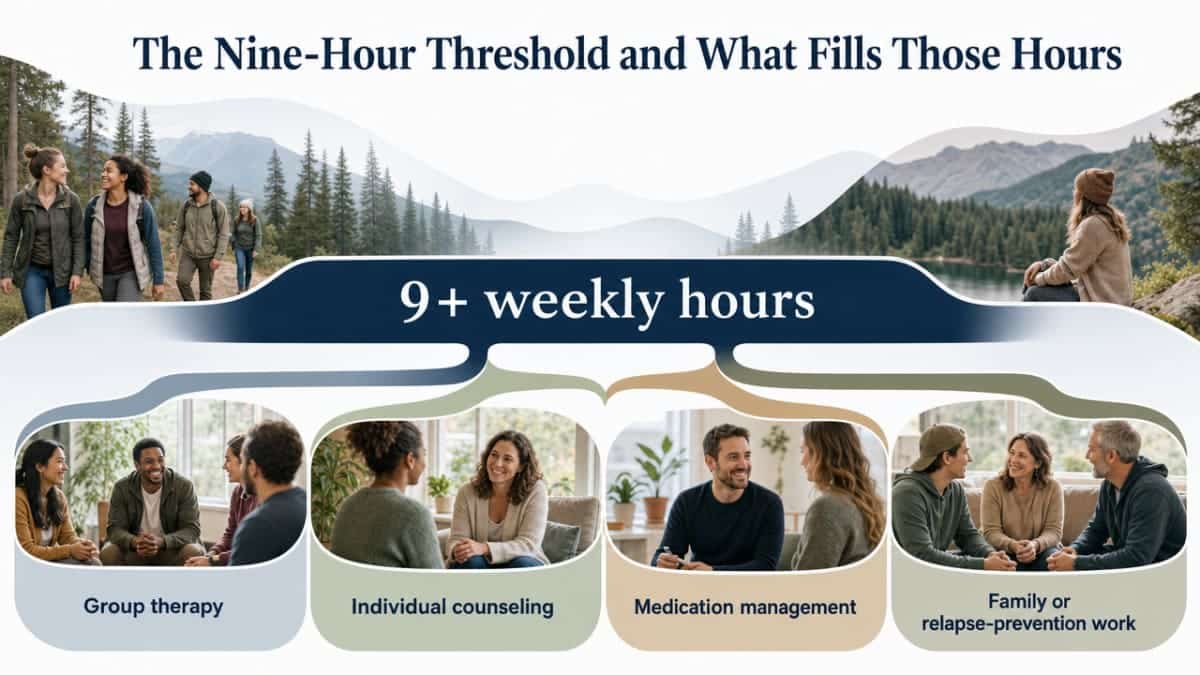 Visualize how the minimum 9 weekly hours of IOP services break out across therapy modalities cited in the section