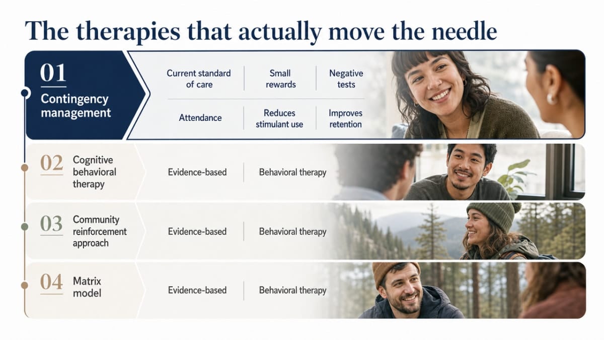 Compare the four evidence-based behavioral therapies for stimulant use disorder cited in the section