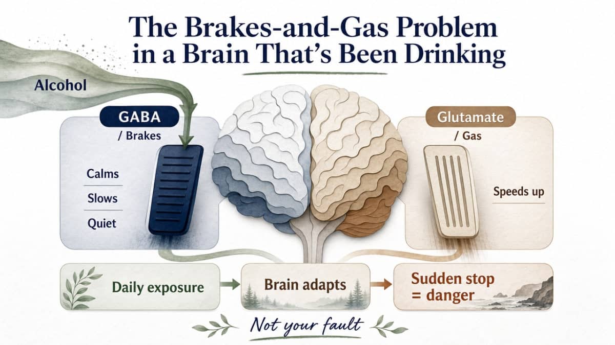 Visualize the section's central brakes-and-gas metaphor (GABA vs. glutamate adaptation) that the article explicitly builds its explanation around