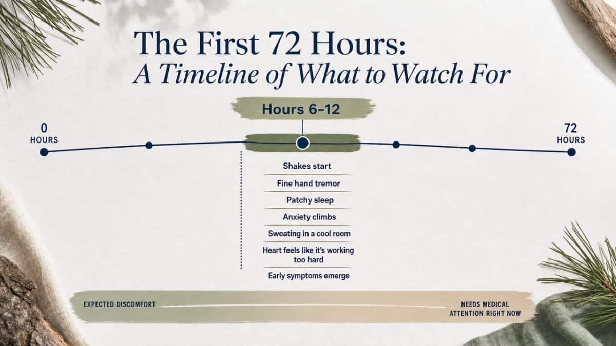 Visualize the cited withdrawal timeline stages that this section walks through hour-by-hour, helping readers quickly grasp the escalating risk windows described in the prose
