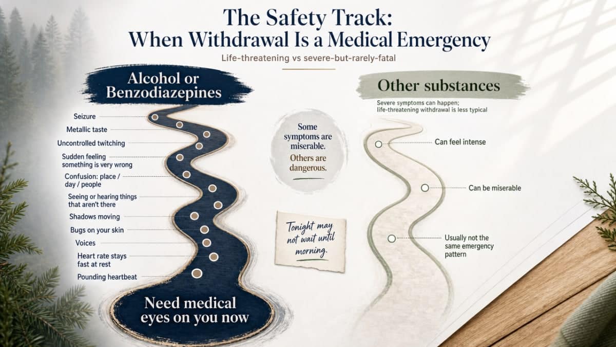 Help readers quickly distinguish which substance classes carry life-threatening withdrawal risk versus severe-but-rarely-fatal risk, matching the section's cited comparison