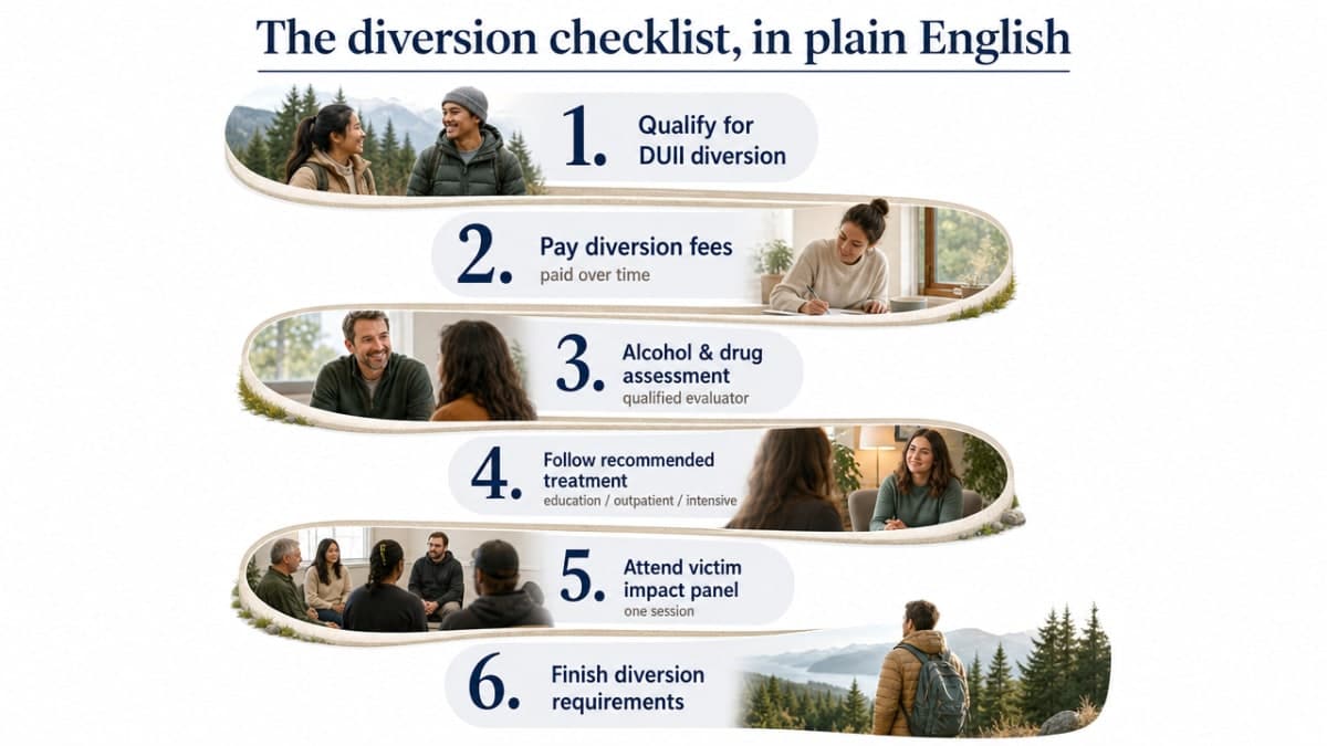 Visualize the six concrete Oregon DUII diversion requirements as a clear process checklist matching the cited section content