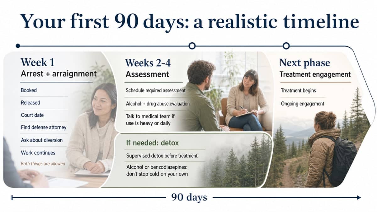 Illustrate the cited 90-day recovery timeline after a DUII, showing the progression from arrest through assessment, detox consideration, and treatment engagement with the 12-hour education minimum