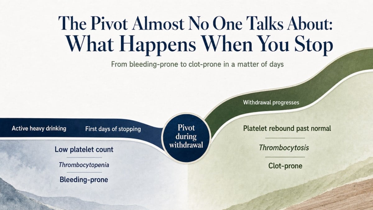 Visualize the two-phase platelet shift during alcohol withdrawal described in this section, showing the pivot from bleeding-prone to clot-prone state referenced from source 8