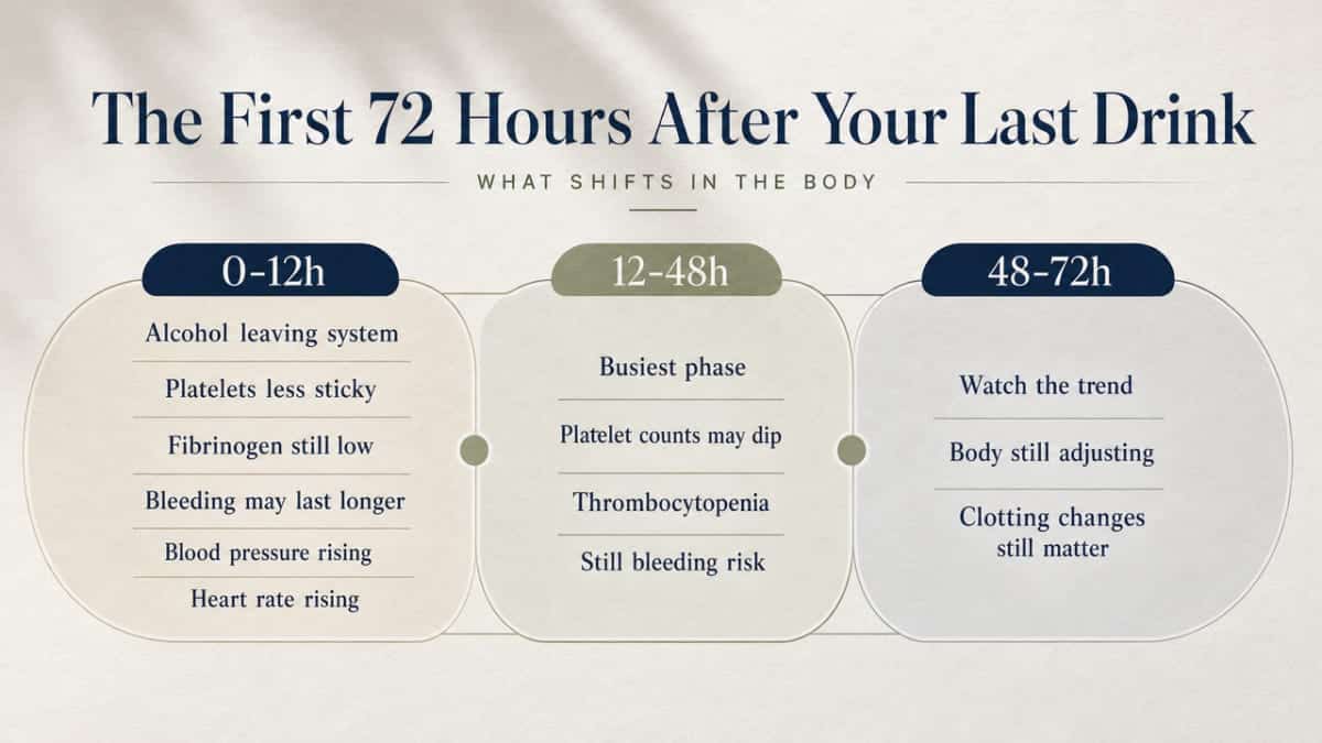 Visualize the three time-window stages described in this section (0-12h, 12-48h, 48-72h) showing what shifts in the body during each phase — a process infographic tied directly to the section's cited progression