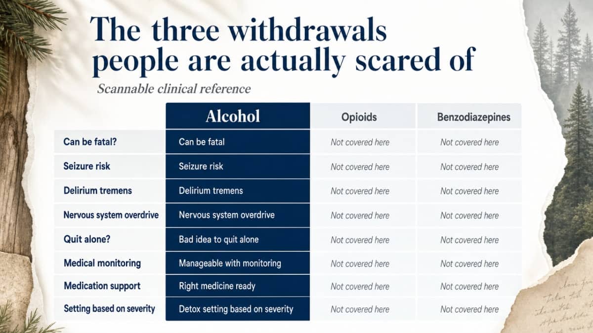 Compare the three substance withdrawals discussed in the section (alcohol, opioids, benzodiazepines) across the specific clinical dimensions the article actually covers, giving readers a scannable reference