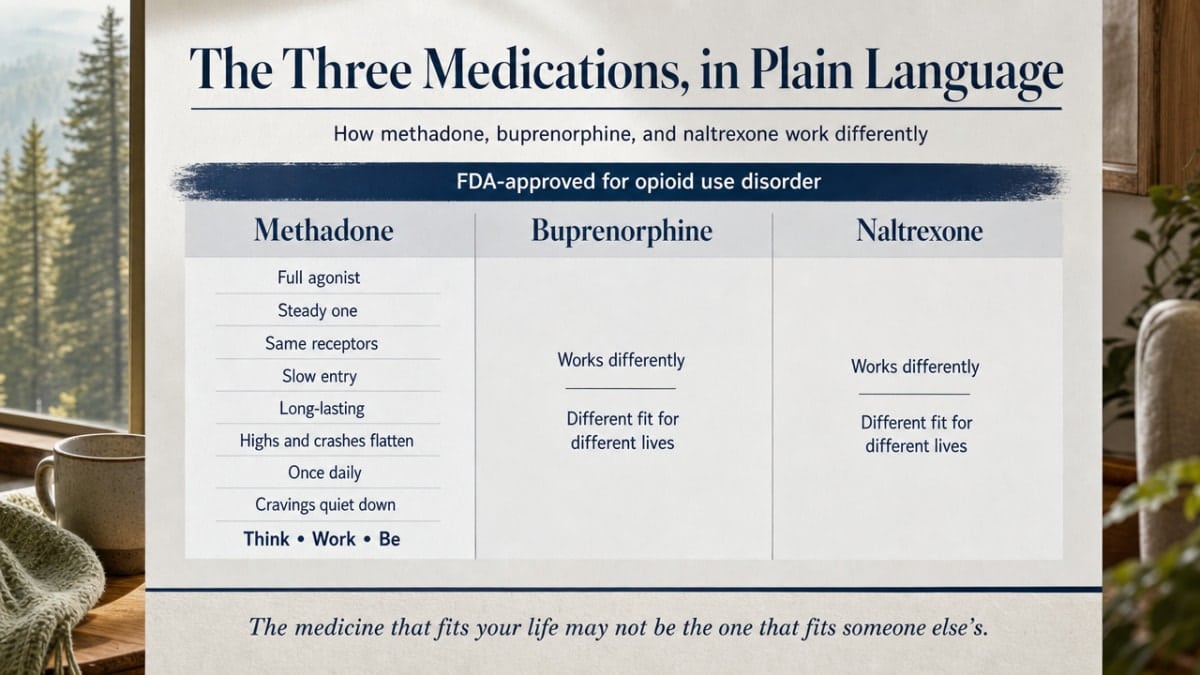 A three-column comparison infographic supporting the section that explains how methadone, buprenorphine, and naltrexone each work differently