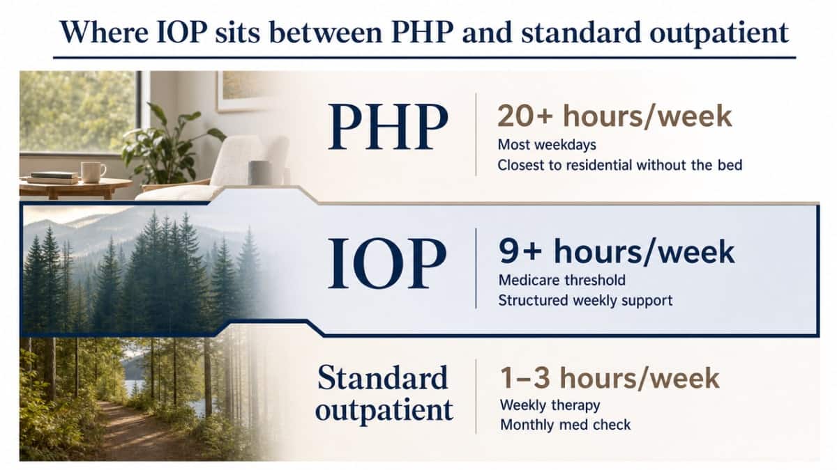 Visualize the three levels of care by weekly clinical hours to reinforce the section's comparison of PHP, IOP, and standard outpatient