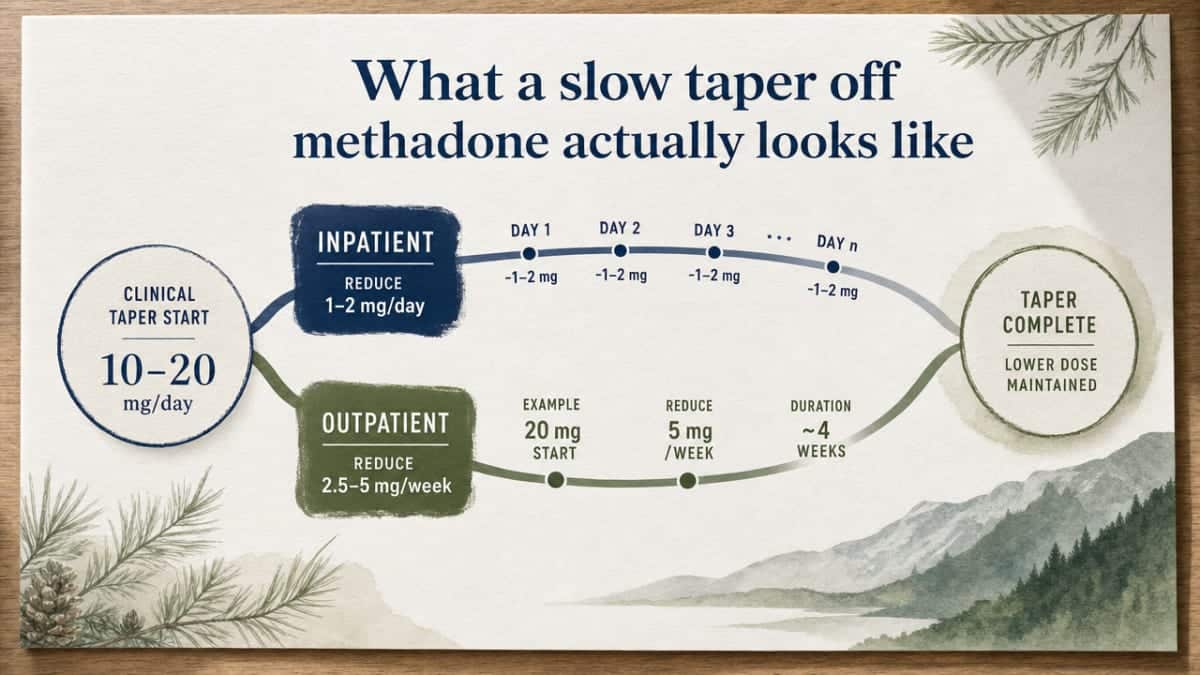 Visualize the two clinically cited taper schedules (inpatient vs outpatient) referenced from source 5, showing starting dose range and reduction pace