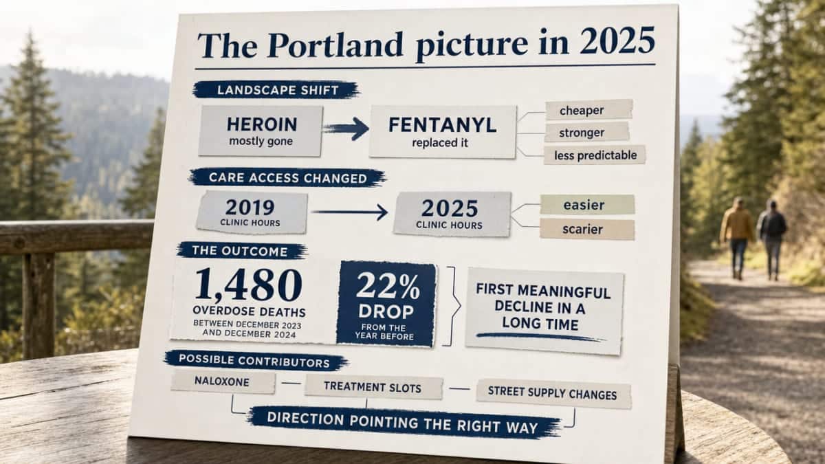 Support the cited 22% drop in Oregon overdose deaths and the 1,480 figure from source 6