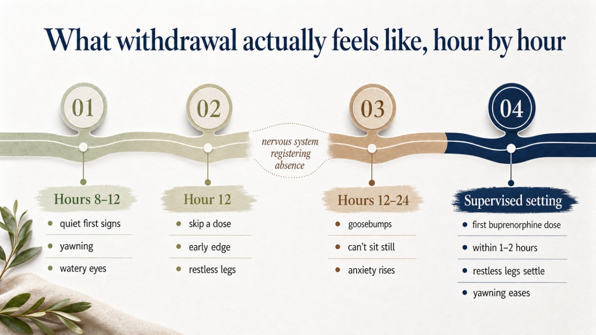 Visualize the section's cited hour-by-hour withdrawal timeline and where medication intervenes, matching the four time windows described in the prose