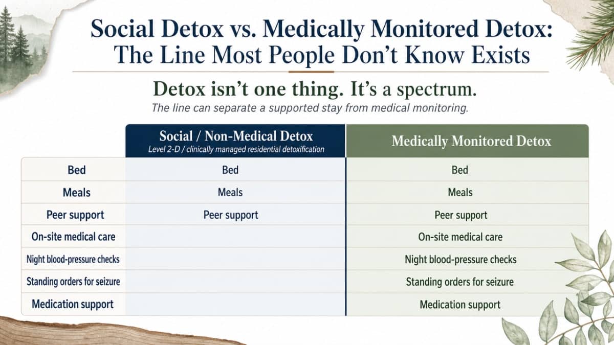 Visualize the side-by-side comparison table already cited in the section, making the distinction between social/non-medical detox and medically monitored detox scannable