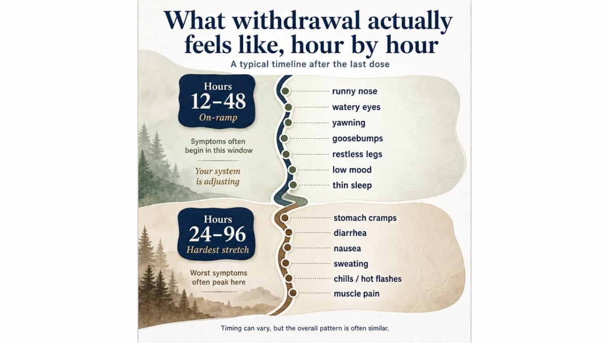Visualize the withdrawal timeline described in this section with the cited hour and day markers, giving readers a clear map of what to expect