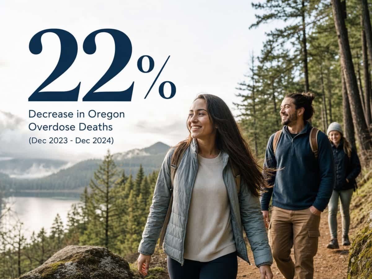 Infographic showing Decrease in Oregon Overdose Deaths (Dec 2023 - Dec 2024)