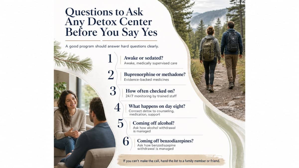 Process/checklist infographic visualizing the six-question vetting checklist provided in the section for evaluating a detox center