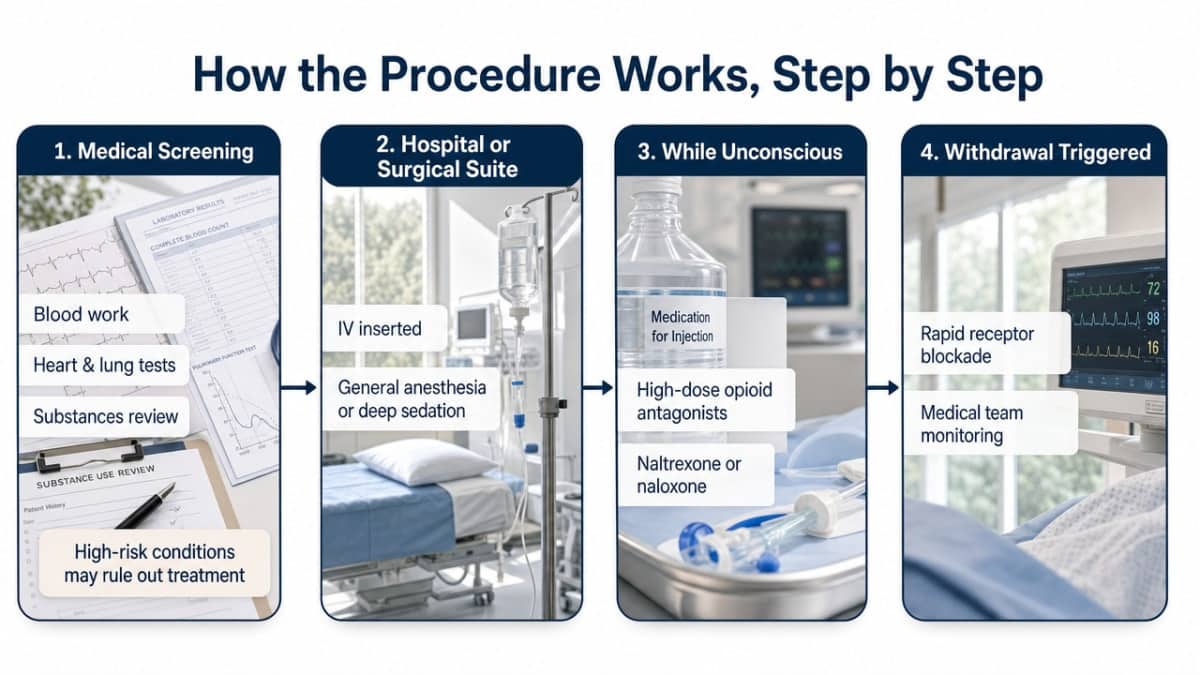 Visualize the four-stage rapid detox procedure workflow described in this section, giving readers a clear picture of what actually happens