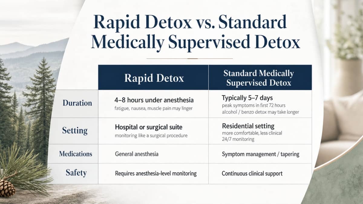 Provide a side-by-side comparison table directly supporting the section's four comparison dimensions (duration, setting, medications, safety)