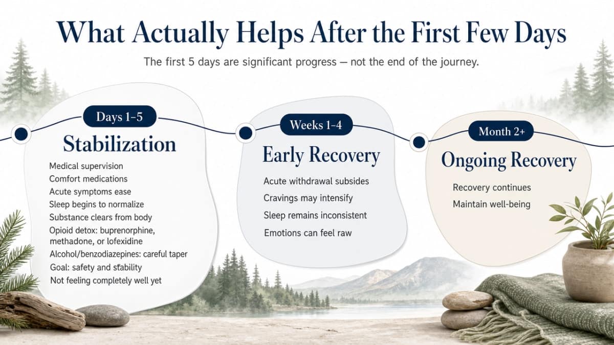 Visualize the three-phase recovery timeline explicitly described in this section (Days 1-5, Weeks 1-4, Month 2+)