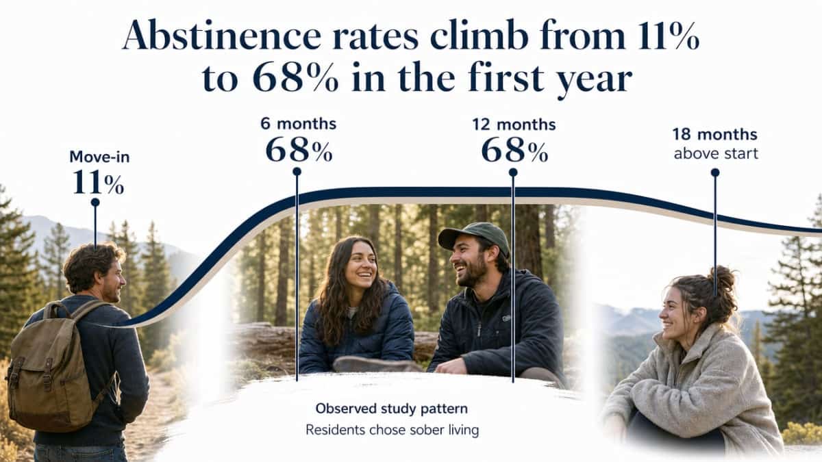 Visualize the dramatic climb in abstinence rates cited in this section, directly supporting the Polcin sober living study data