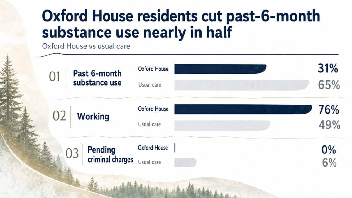 Compare Oxford House versus usual care outcomes across three metrics cited in the section