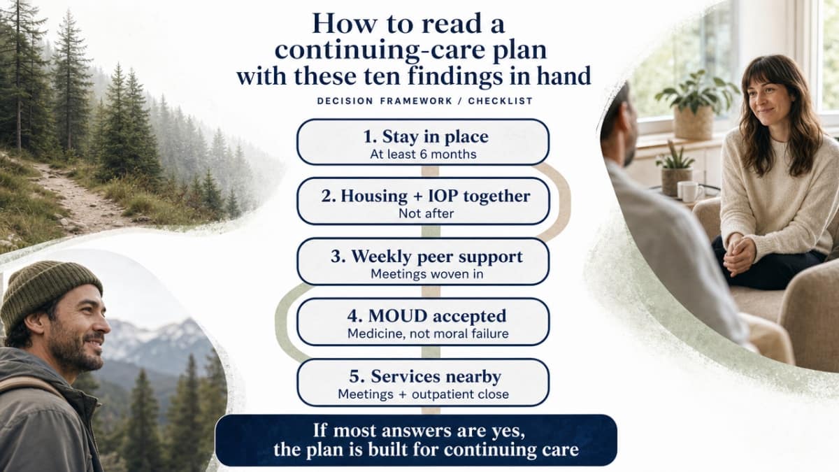 Provide a decision framework/checklist visual synthesizing the article's evidence-based questions parents should ask when evaluating a continuing-care plan