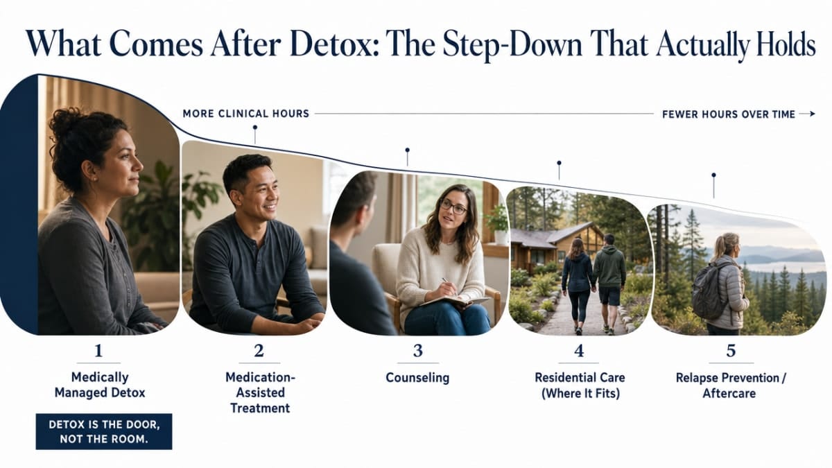Visualize the cited step-down continuum of care described in the section, showing each stage from detox through aftercare