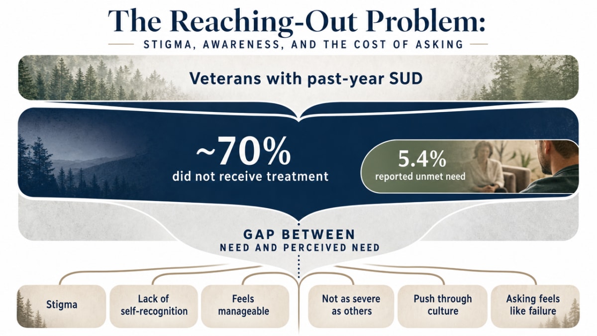 Illustrate the treatment gap between veterans who did not receive SUD treatment and those who perceived an unmet need, which is the central point of this section