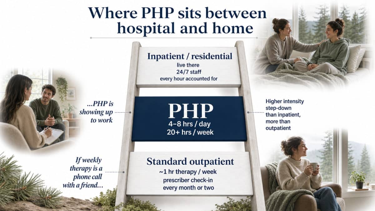 Visualize the levels-of-care continuum with weekly hours, directly supporting the section's ladder metaphor and the cited 20+ hours PHP threshold