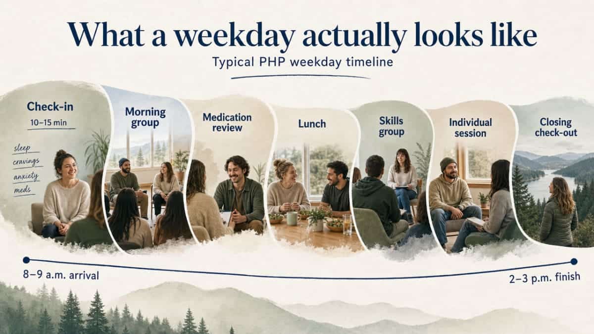 Visualize the section's cited daily schedule of a PHP weekday as a process timeline, mapping the named blocks (check-in, morning group, medication review, lunch, skills group, individual session, closing check-out)