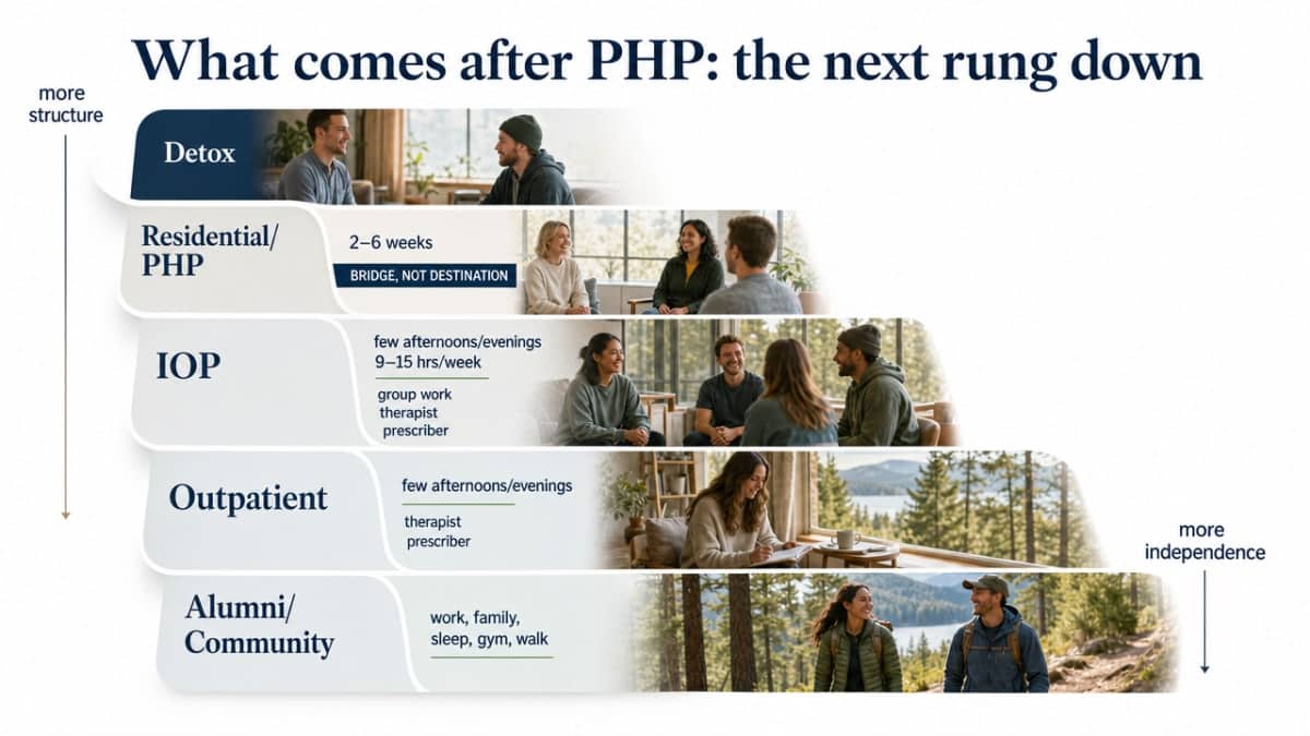 Visualize the step-down continuum described in this section, mapping the specific rungs the article names (detox → residential/PHP → IOP → outpatient → alumni/community)