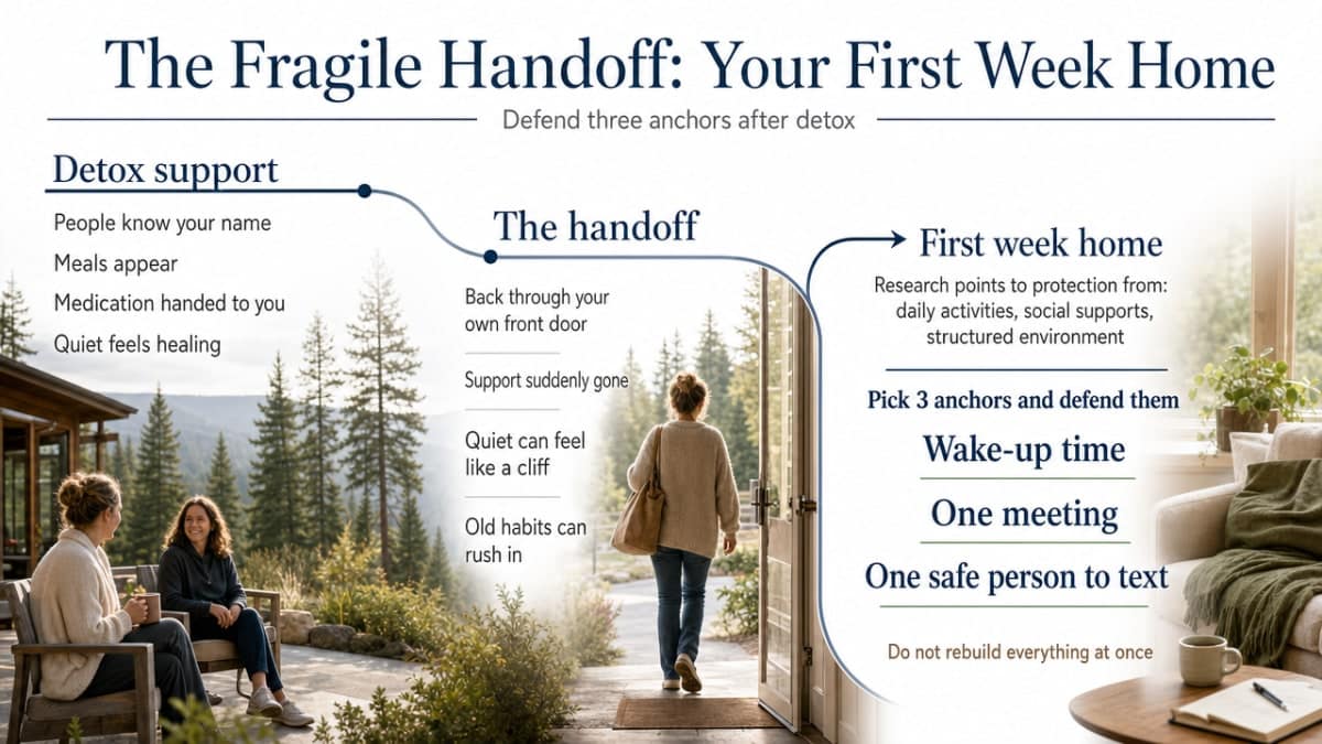 Show the section's cited three-anchor plan for defending the first week home after detox
