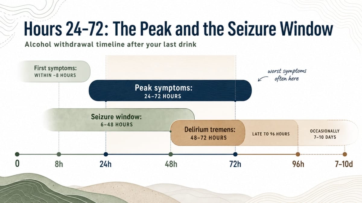 Visualize the withdrawal timeline windows cited in the section: first symptoms ~8 hours, peak 24-72 hours, seizure window 6-48 hours, delirium tremens window 48-72 hours extending to 96 hours or 7-10 days