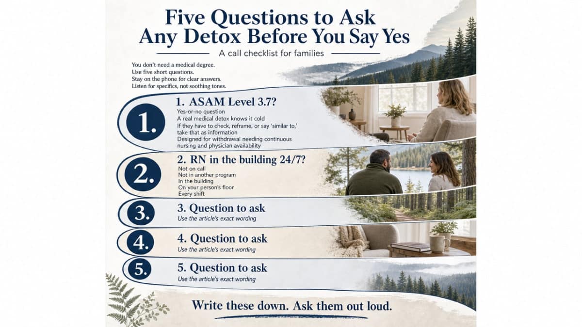 Turn the five vetting questions into a scannable checklist infographic families can screenshot and use when calling detox facilities